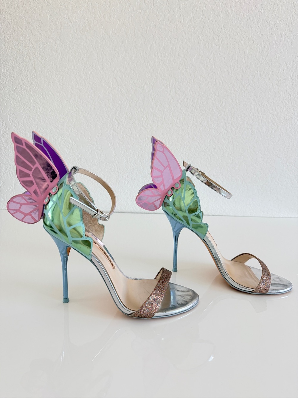 Sophia Webster Silver Heels with Pink & Purple Butterfly Wings - Picture 2 of 15